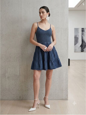 Heart & Heels Denim Mini Dress Medium Smocked Tiered Skater Cami Blue 100% Cotto